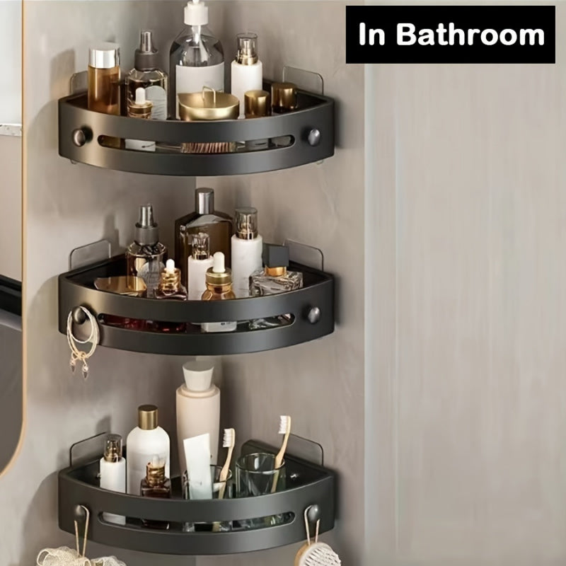 Kitchen Essential – Punch-free 3pcs Bathroom Corner Rack, Plastic Wall-mounted Toiletries and Shower Gel Storage Rack, Multi-functional Kitchen Hanging Rack, Shower Basket for Modern US Home