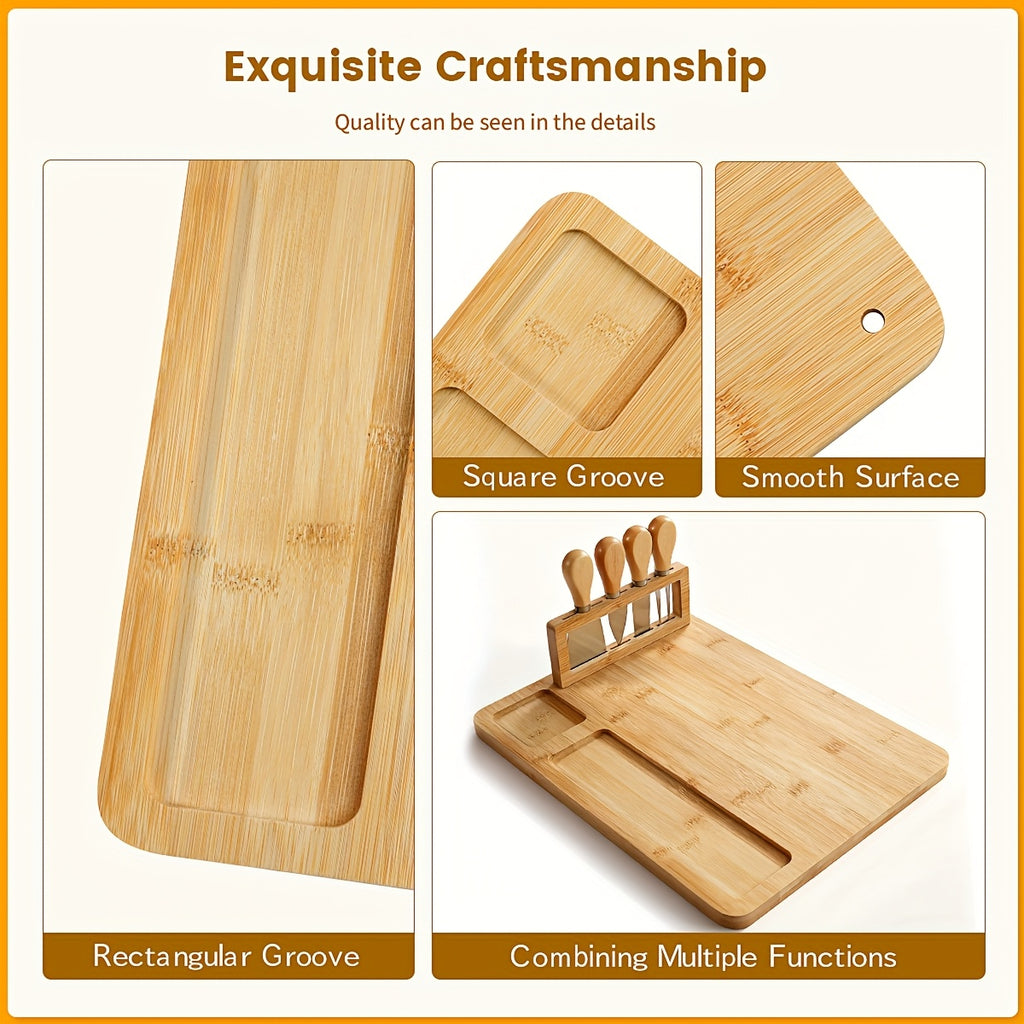 Large Charcuterie Board with 4 Knife Set - Wood and Bamboo Dinner Plates, Divided Sectionsfor Cheese, Meats, Fruits & Crackers - Party Platter for Weddings, Thanksgiving, Housewarming - Durable Board for
