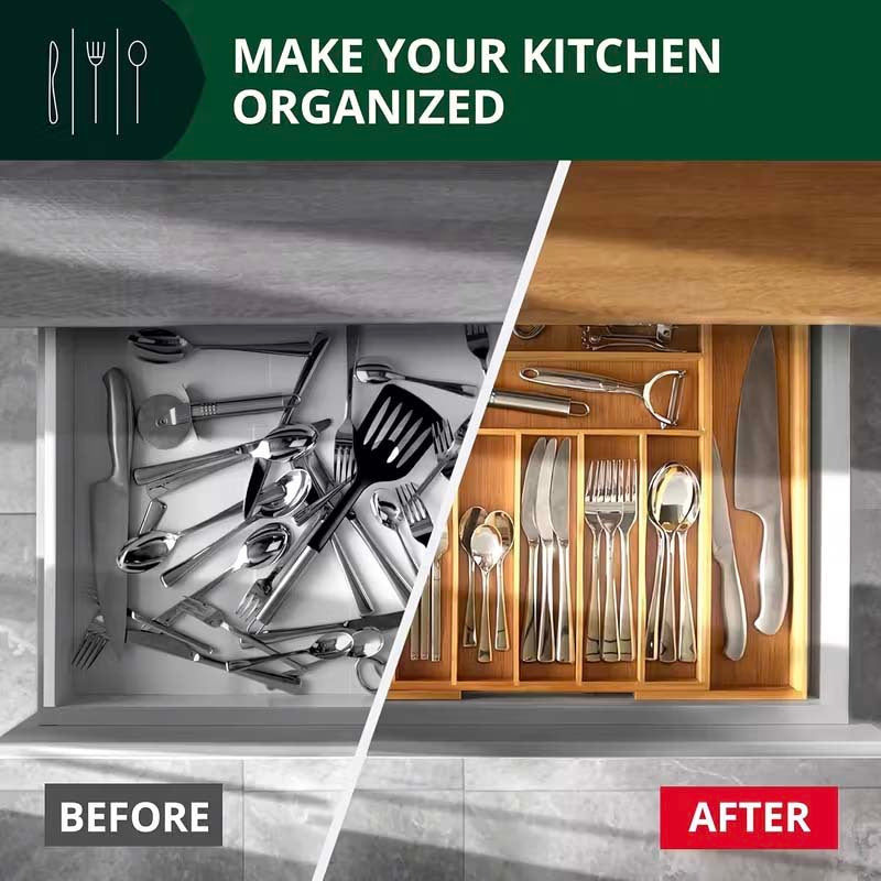 Premium Stackable Storage Drawer – smooth-access cabinet organization, Bamboo Drawer Organizer Expandable - Adjustable Silverware Tray Cutlery And Utensil Holder for Kitchen, designed for American homes, daily convenience and practical gifting