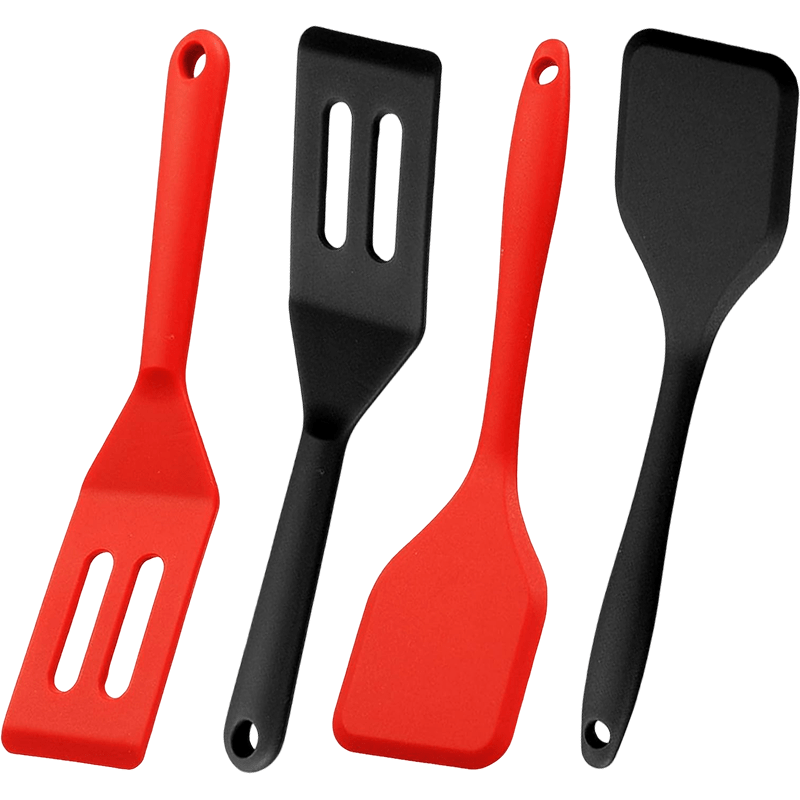 4pcs Silicone Spatula Set | Slotted & Solid, Heat Resistant, Non-Stick, Red & Black, Ideal for Baking, Mixing, Flipping Pancakes, Eggs, Stirring Sauces, Home Kitchen Gadgets