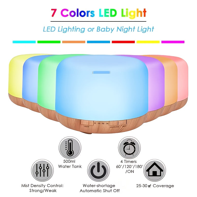 16.91oz Essential Oil Aroma Diffuser - An Aroma Diffuser with A Timer And 7 Ambient Lights, Automatically Shuts Off When There Is No Water, Powered By USB, Round In Shape, Very Suitable for Large Rooms, Homes And Offices