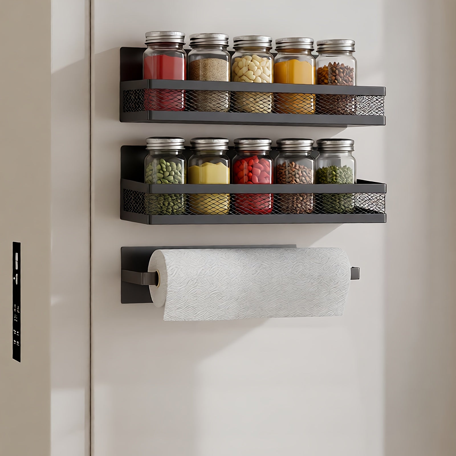 2/3/5pcs Multifunctional Magnetic Refrigerator Spice Organizer Set, Magnetic Kitchen Paper Towel Holder, Magnetic Refrigerator Kitchen, Space Saving Design, Hole-Free Design, Kitchen Accessories, Home Decoration, Utility Shelves