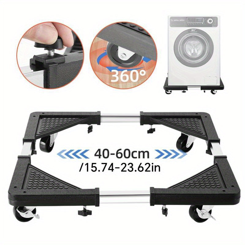 1pc Stainless Steel Mobile Device Trolley with 4 Locking Wheels - Adjustable Drum Base for Refrigerator, Washer and Dryer - Space-saving Kitchen Storage Rack with Telescopic Stand and Sliding Casters