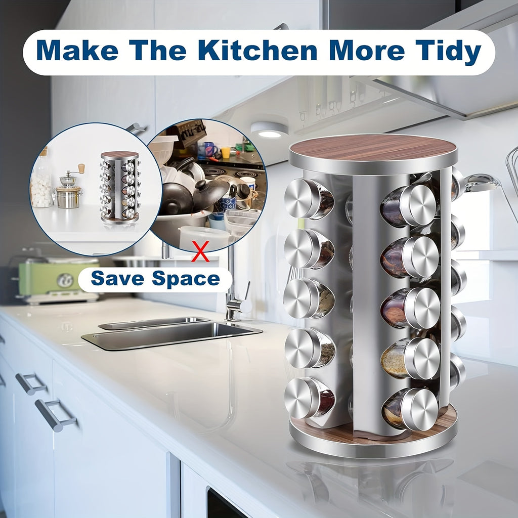 Spice Carousel Set Featuring 20 Spice Jars, Kitchen Spice Organizer for Countertop or Cupboard - Revolving Storage Tower Includes 386 Spice Labels