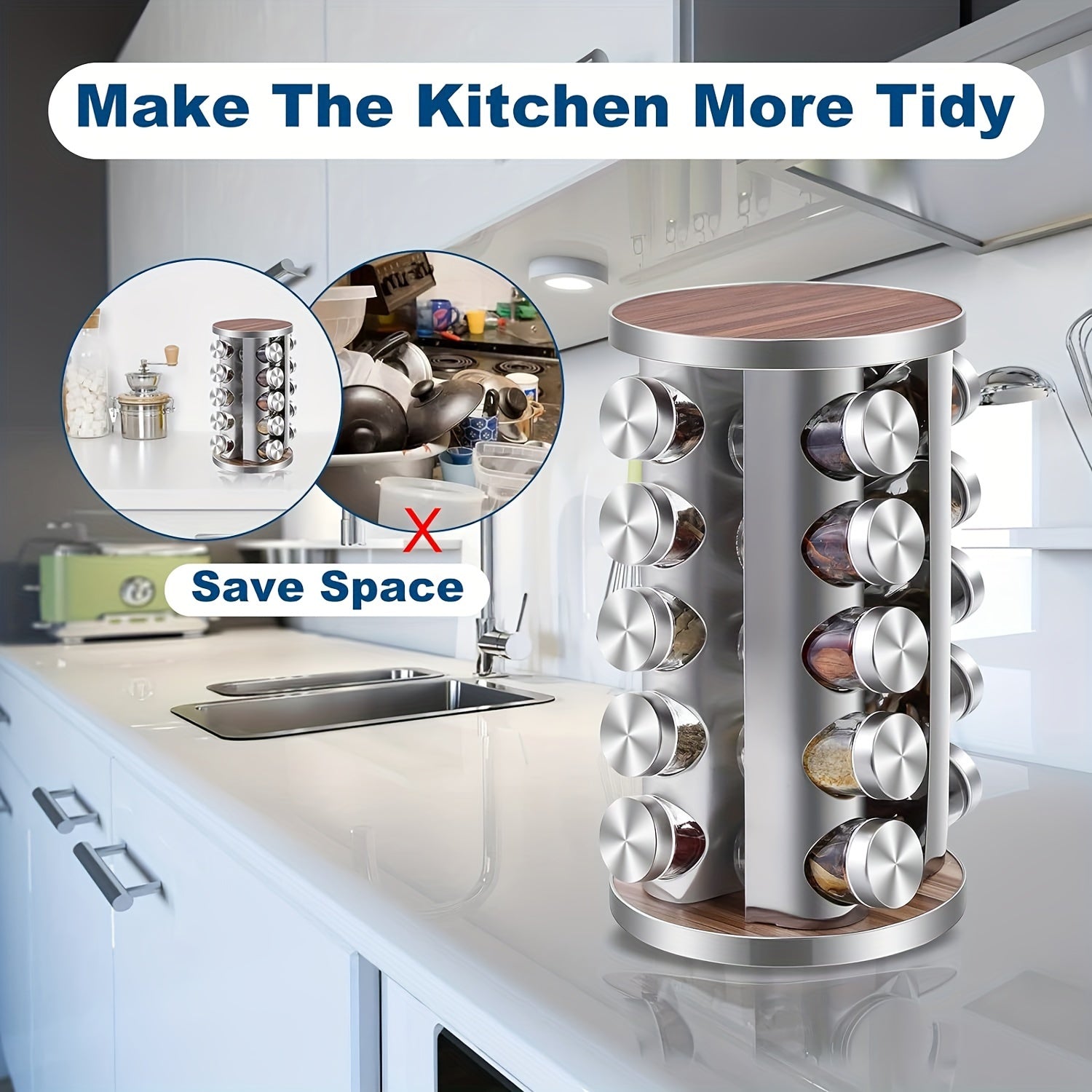 Spice Carousel Set Featuring 20 Spice Jars, Kitchen Spice Organizer for Countertop or Cupboard - Revolving Storage Tower Includes 386 Spice Labels