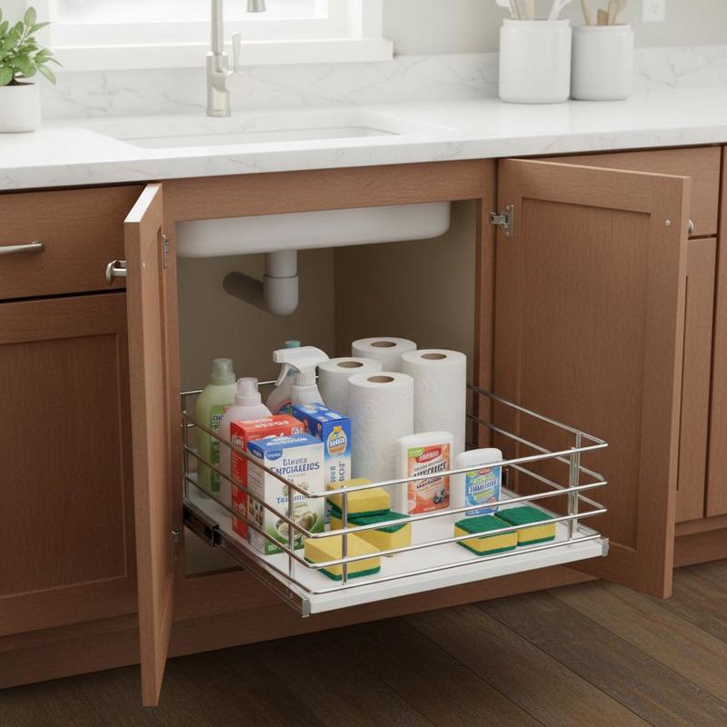 Sliding Cupboard Tray 11'Wx21'Dx2.5'H for Kitchen Pantry Bathroom, Heavy Duty Metal Construction Smooth Glide Rails Space Organization Under Sink Storage 13.5'Wx22'Dx7'H Cabinet Fitment