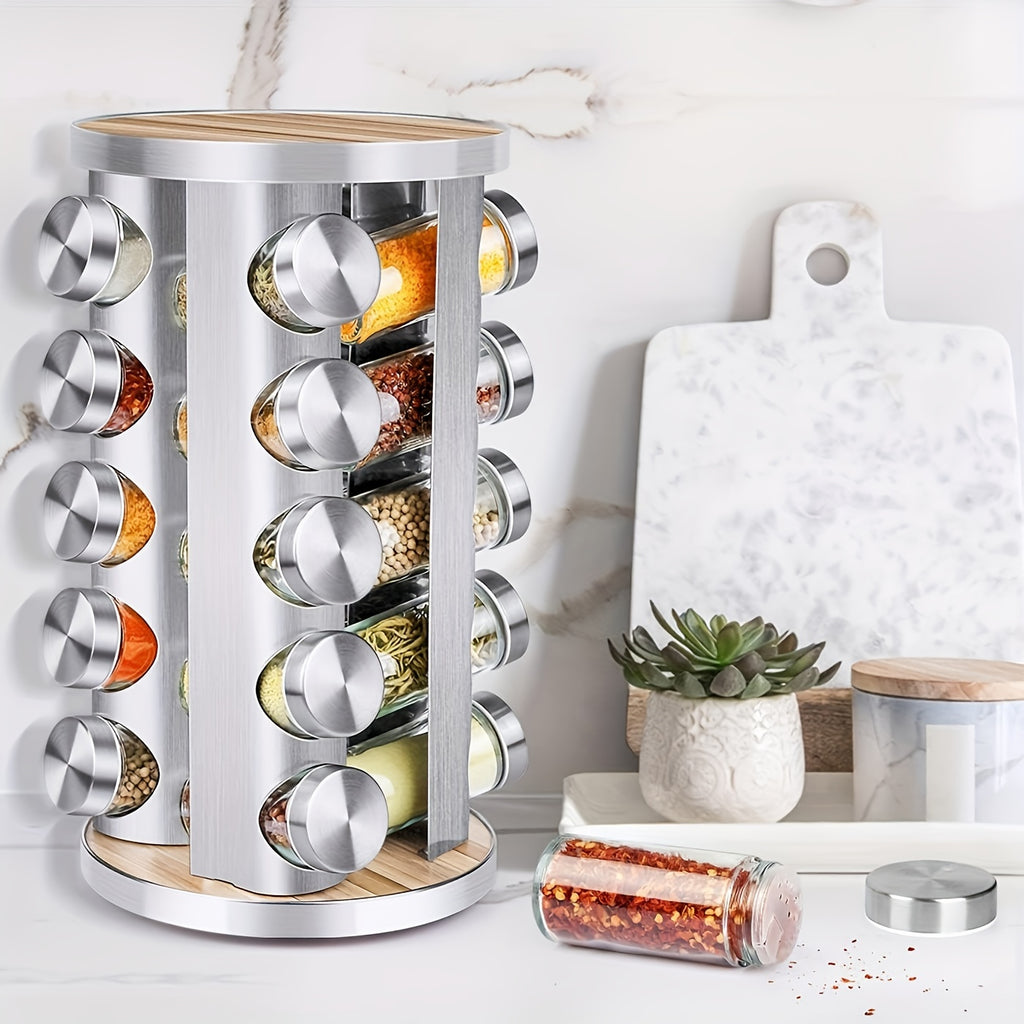 Spice Rack Organizer with Jars for Cabinet Revolving/Rotating Seasoning Organizer, Stainless Steel/Wooden Countertop Rack Tower Organizer for Kitchen Pantry with Reusable Labels/Funnel/Brushes