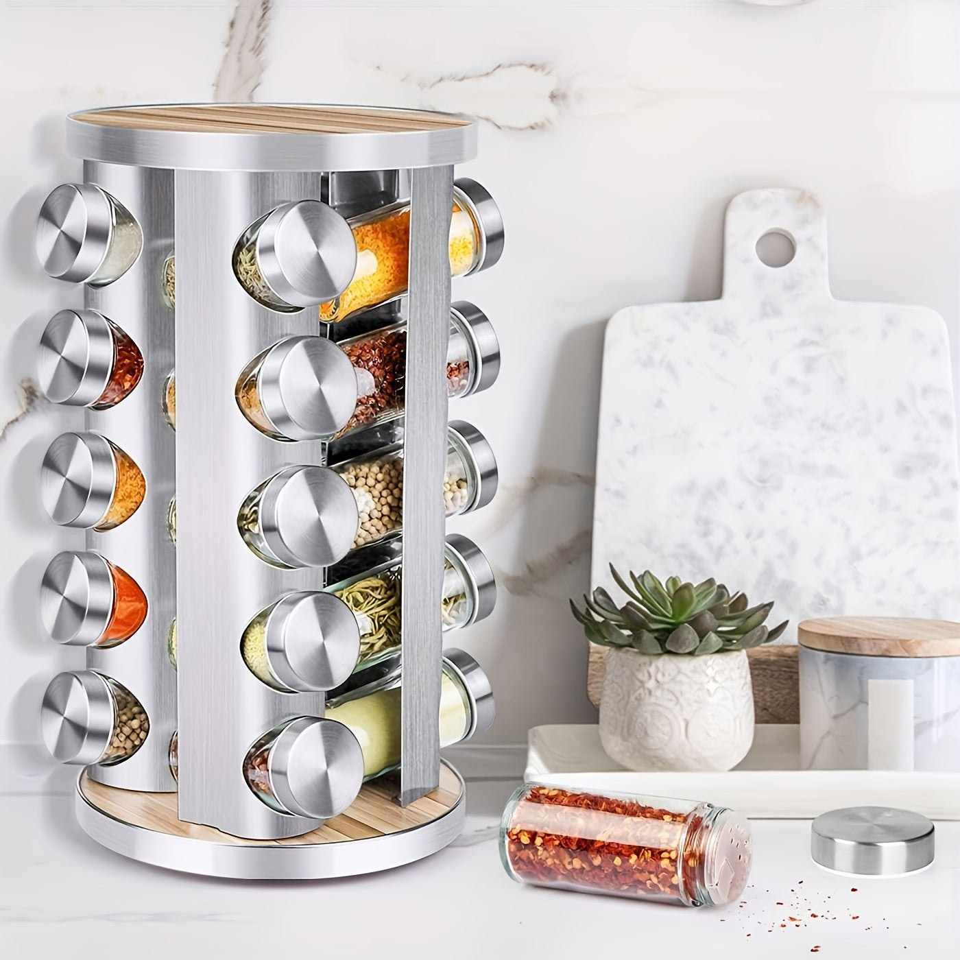 Spice Rack Organizer with Jars for Cabinet Revolving/Rotating Seasoning Organizer, Stainless Steel/Wooden Countertop Rack Tower Organizer for Kitchen Pantry with Reusable Labels/Funnel/Brushes