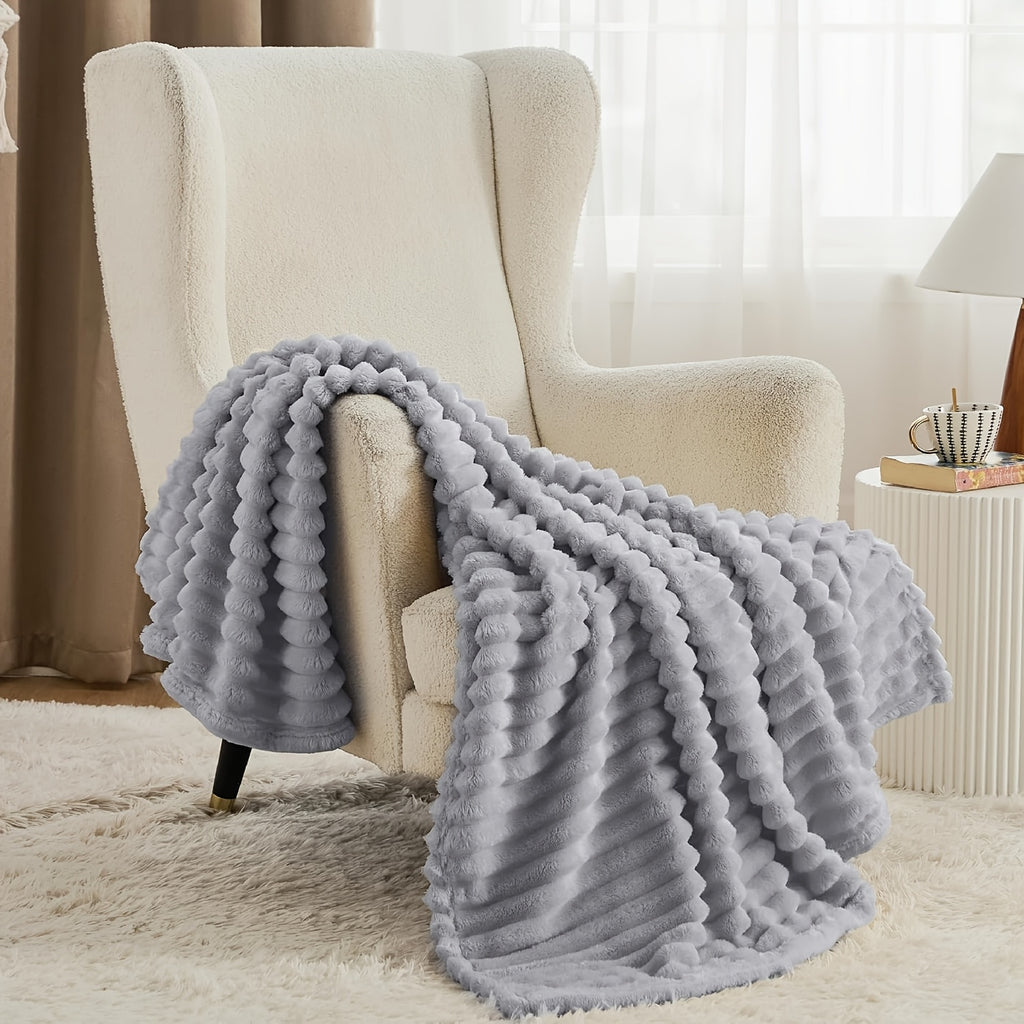 Versatile Cozy Home Textile Accent – comfortable everyday home styling, Luxurious Double-Sided Faux Rabbit Fur Throw Blanket - Cozy Striped Flannel Soft And Warm, designed for American homes, daily convenience and practical gifting