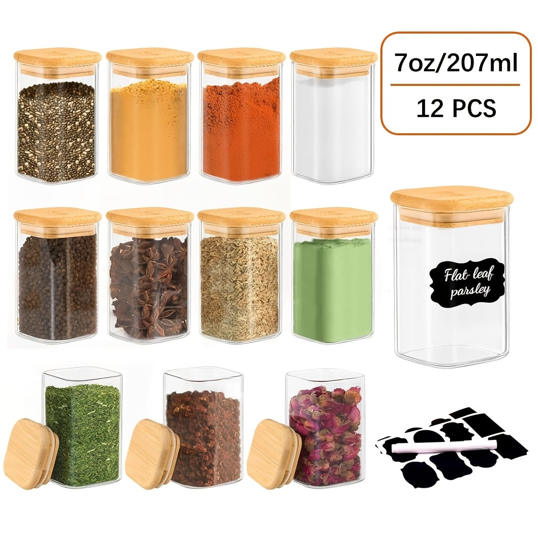 Storage Jars – 12pcs Spice Glass Jars Set with Labels 5oz 7oz 9oz Square Spice Jars with