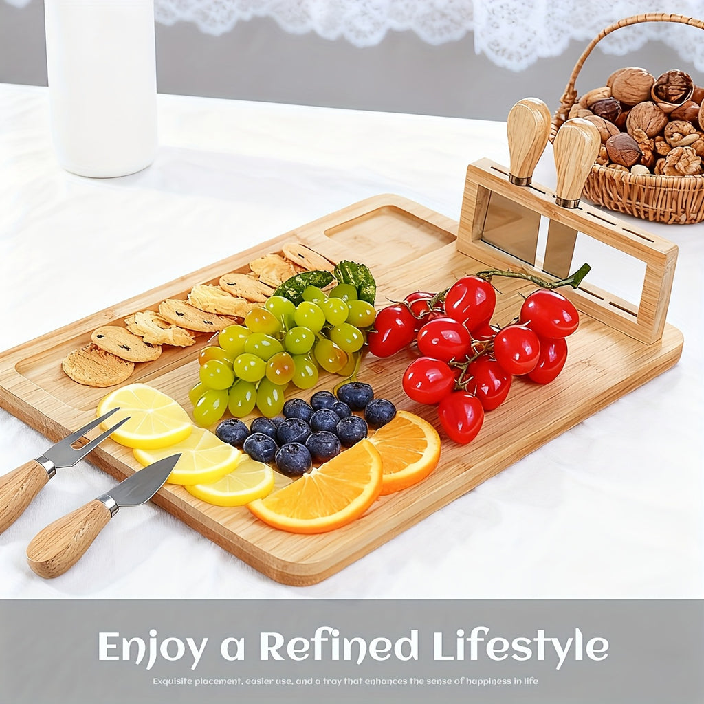 Large Charcuterie Board with 4 Knife Set - Wood and Bamboo Dinner Plates, Divided Sectionsfor Cheese, Meats, Fruits & Crackers - Party Platter for Weddings, Thanksgiving, Housewarming - Durable Board for