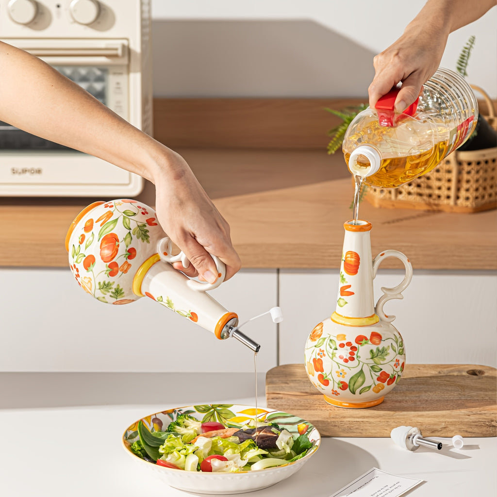 1pc Hand-Painted Ceramic 650Ml (21.98Oz) Leakproof Oil And Vinegar Cruet with Autumn Pumpkin Pattern, Refillable Oil Bottle for Olive Oil, Vinegar, And Soy Sauce, Farmhouse Thanksgiving Kitchen Decor