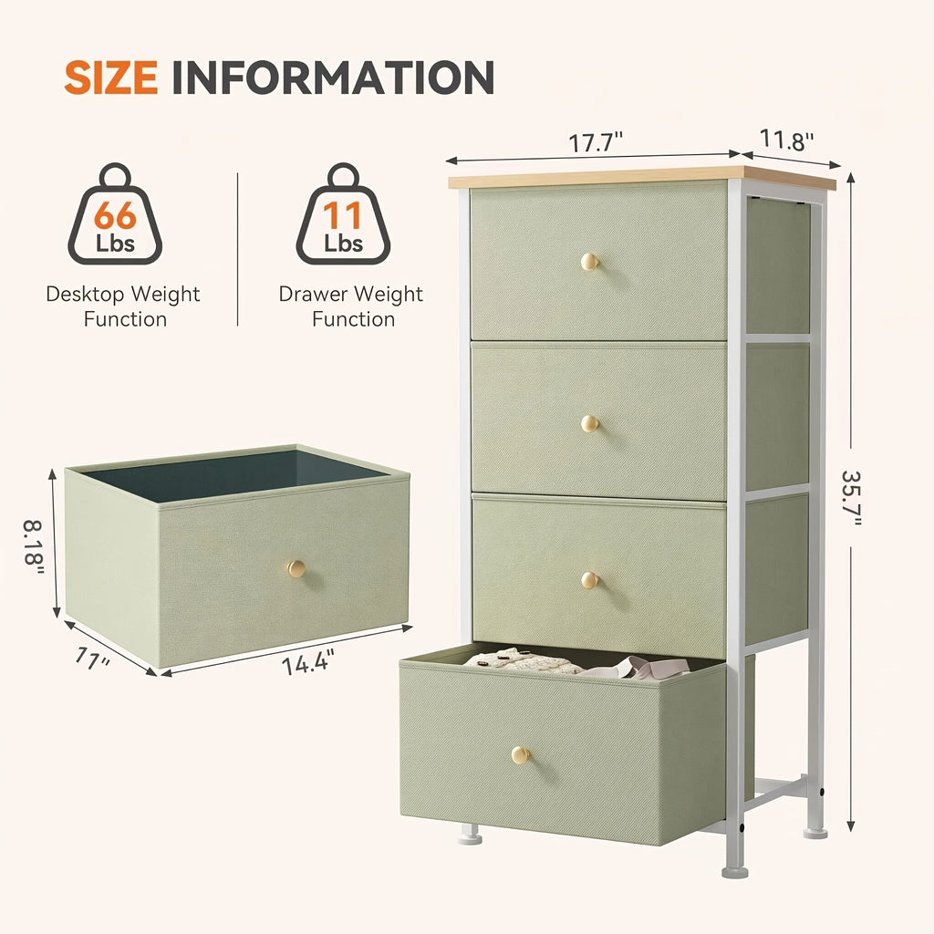 4-Drawer Dresser Organizer Storage Drawers, Chest of Drawers with Fabric Bin, Steel Frame, Wood Top, Use for Lab, Closet, Black/Brown/White/Gray to Choose