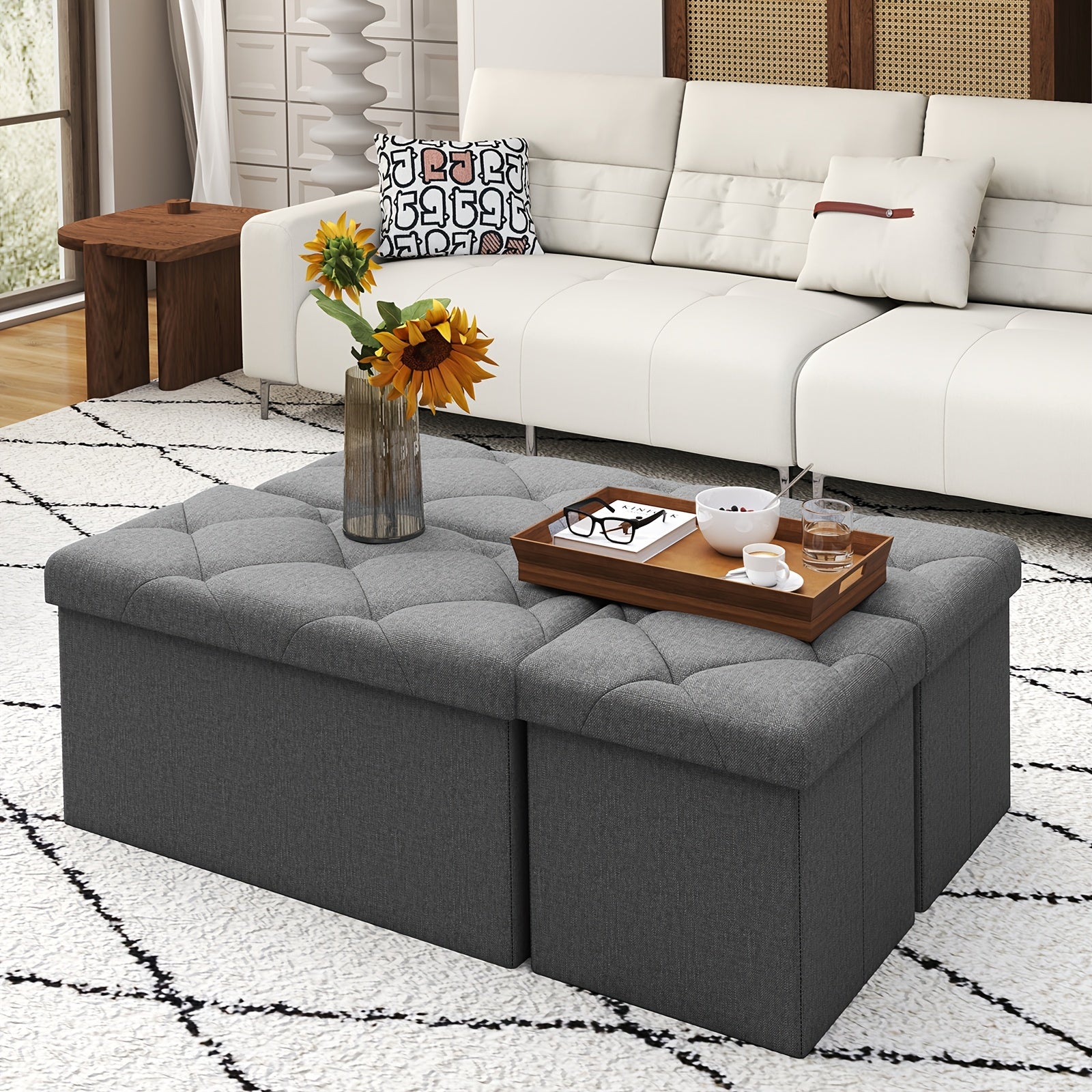 [Multi-Purpose Ottoman Bench] Heavy-Duty Multi-Purpose Folding Storage Ottoman Bench with Seat | Indoor/Outdoor, Space-Saving Design, Non-Porous Easy-Clean Surface - Perfect for Living Room, Bedroom, Patio, Garden Tool Storage - Gray Organizer Bench
