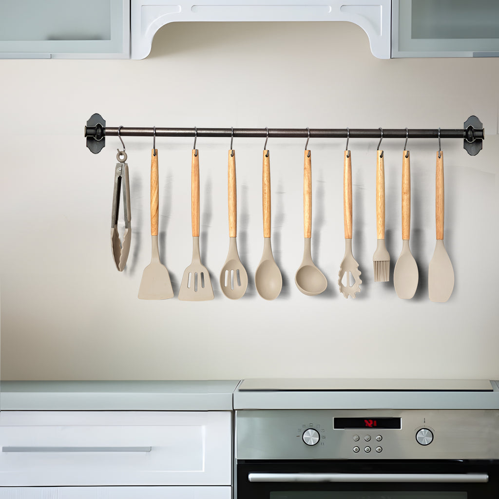 Kitchen Essential – 35 Piece Kitchen Utensils Set with Holder - Heat Resistant Wooden Handle - Silicone Non-Stick Cooking Spatula, Kitchen Essentials Tools and Gadgets for Modern US Homes, e