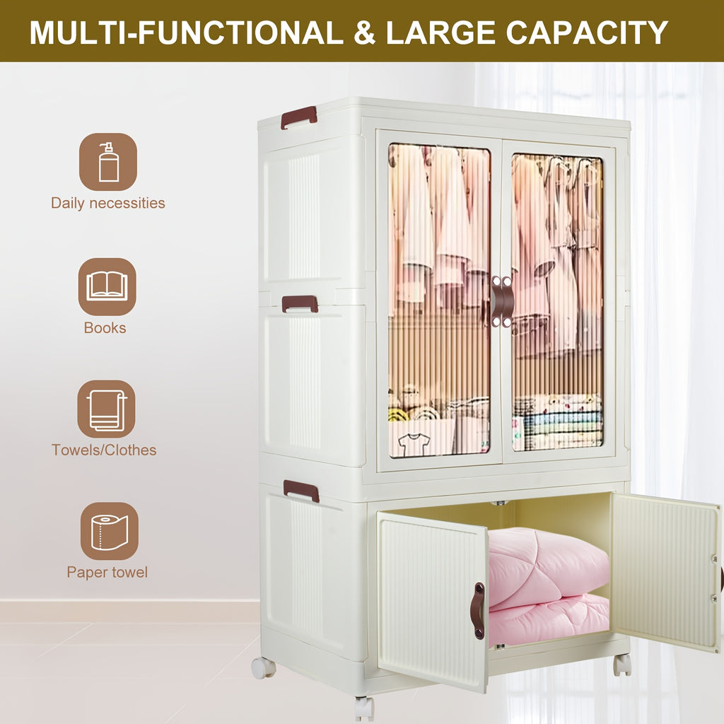 Portable Closet Wardrobe, Folding Storage Bins with Lid, Closet Organizers And Storage, Stackable Storage Box with Hanging Rod And Doors, Collapsible Plastic Clothes Cabinet with Wheels, 10 Hangers