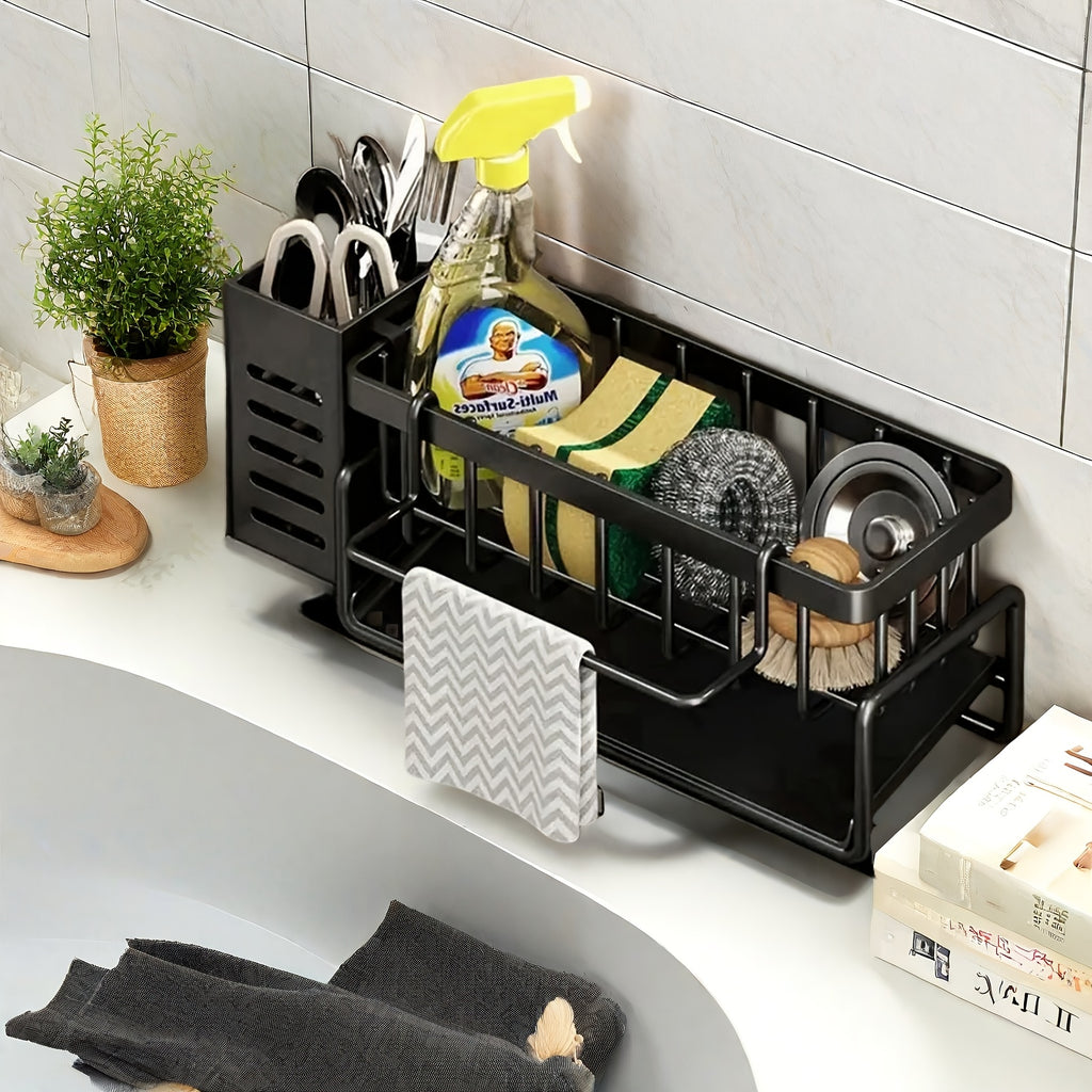 Stainless Steel Kitchen & Bathroom Organizer with Drainage - Multi-Purpose Storage Rack for Spices, Toothbrushes, Soap, and Cleaning Supplies, Includes Drainage Bucket for Sink Organization, Kitchen Sink Organizer