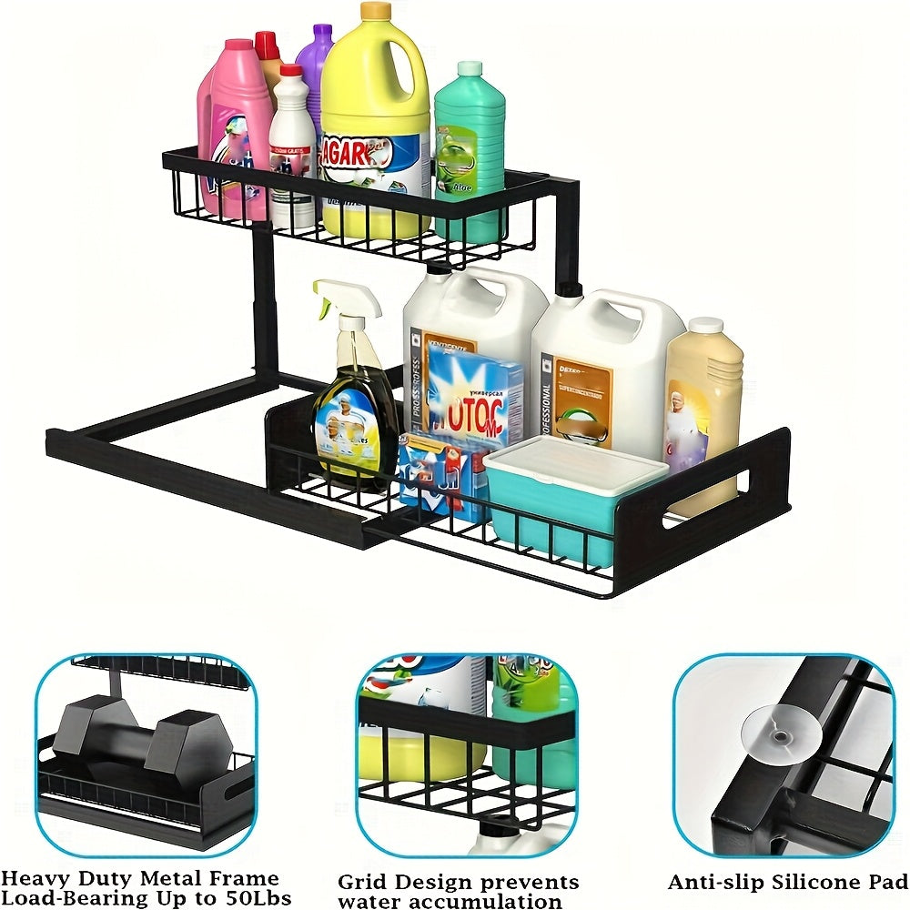 Set of 2 Under-Sink Storage Organizers, Featuring a Pull-Out Cabinet Design, with a Two-Tier Sliding Basket Shelf Suitable for Kitchen And Bathroom Use, Adjustable L-Shaped Counter Organizers