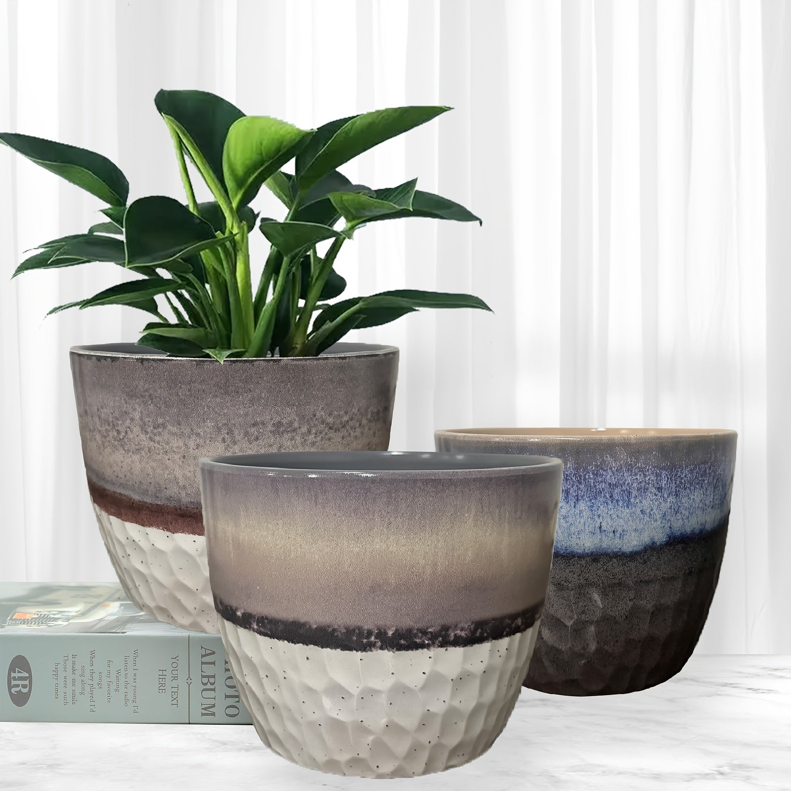 Decorative Vase – 3pcs Set PolyStone Modern Round Planters - Lightweight