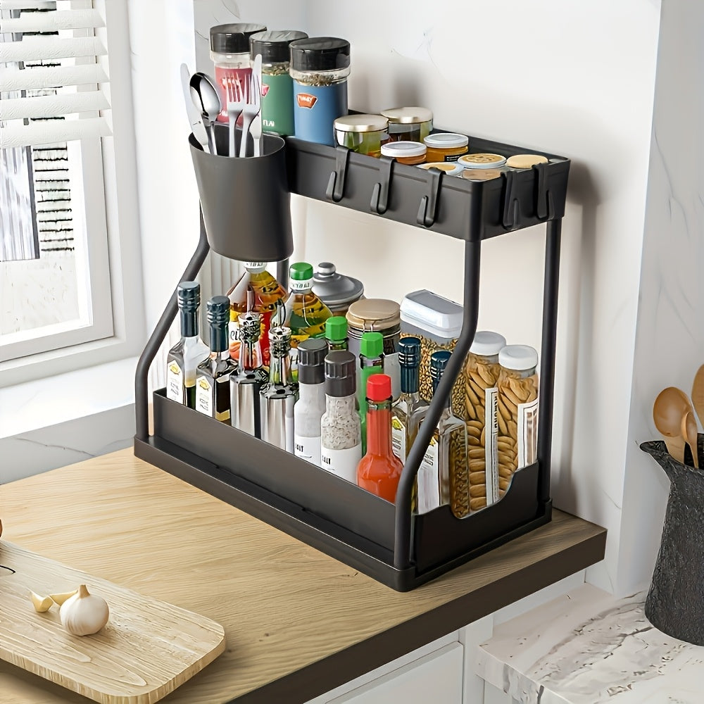 Compact 1pc Stackable Home Storage Bins – portable space-saving storage, 1pc Under Sink Organizer 2-Tier Sliding Cabinet Basket Organizer with Hooks Multifunctional Under Sink, designed for American homes, daily convenience and practical gifting