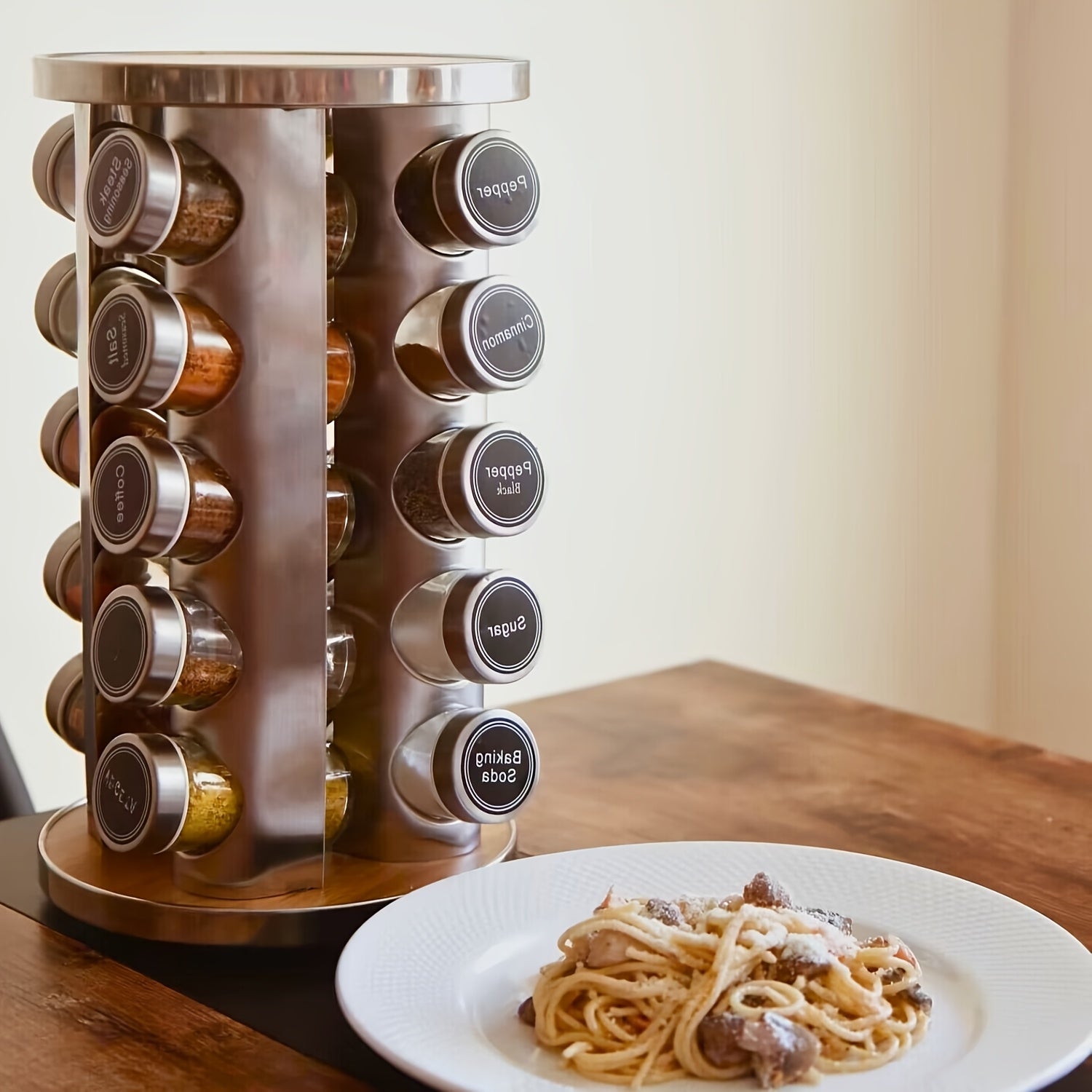 Rotating Spice Rack with 20 Jars, Kitchen Countertop Spice Tower, 360-Degree Revolving Seasoning Organizer for Cabinet, Carousel Storage Holder with 386 Labels for Herbs, Spices, And Condiments