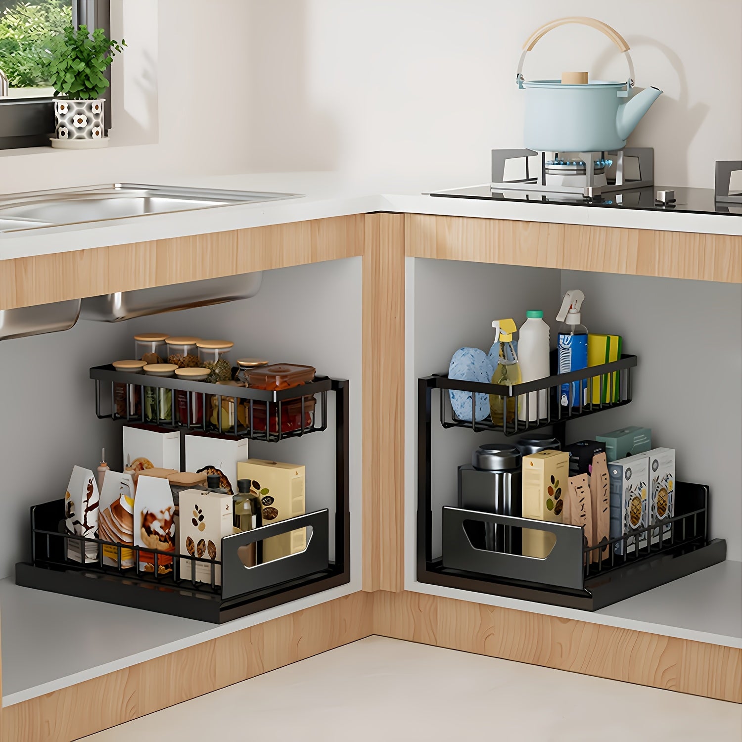 Kitchen Essential – 1/2pcs 2-story kitchen sink storage containers，push-pull cabinet organizer, kitchen and bathroom organizers and storage, study, tabletop, metal sliding drawers, practical