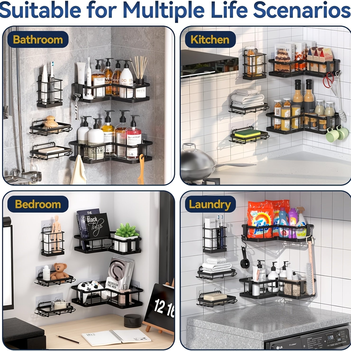 Premium 5pcs Adjustable Home Storage Rack – durable multi-purpose storage, Corner Shower Shelf 5pcs Set Adhesive Mounted Rust-Proof Corner Shower Organizer with Soap Dish, designed for American homes, daily convenience and practical gifting