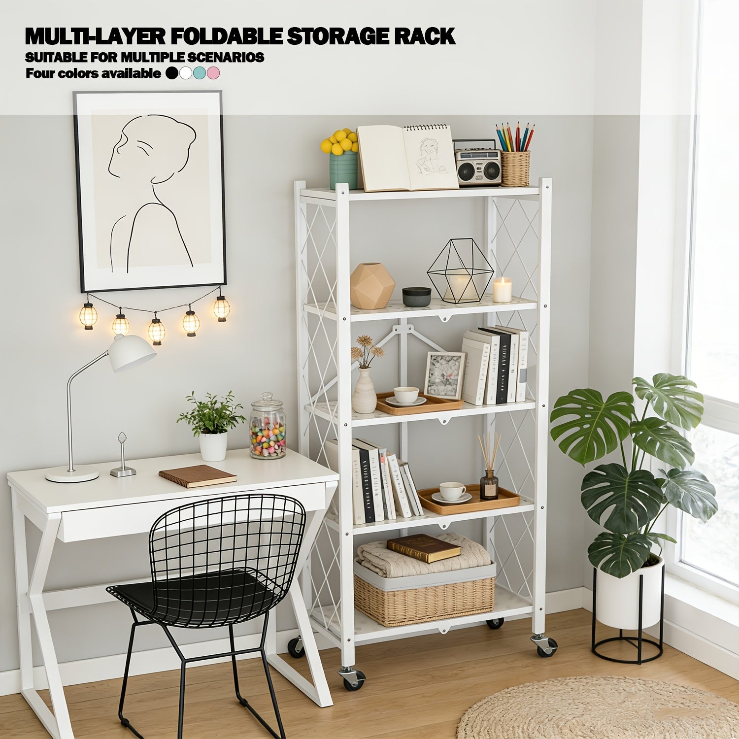 Compact Adjustable Home Storage Rack – durable multi-purpose storage, 5 4 3-Tier Heavy-Duty Folding Storage Rack With Wheels - Portable Multi-Layer Floor-standing Shelf, designed for American homes, daily convenience and practical gifting