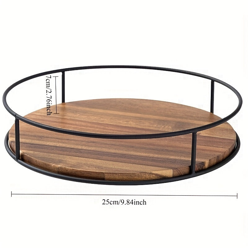 9 Inch Lazy Susan Turntable for Table, Kitchen Rustic Brown Turntable Organizer with Steel Frame, 360 Degree Decorative Lazy Susan for Countertop Cabinet Or Centerpieces