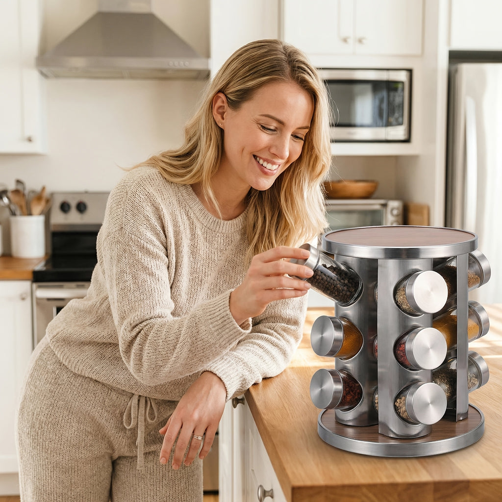 Versatile Refrigerator Bottle Organizer – easy-access beverage storage, Multi-Functional Spice Rack 360-Degree Rotating Stainless Steel Brushed Finish Countertop Mount Leak-Proof Heavy-Duty Space-Saving, designed for American homes, daily convenience