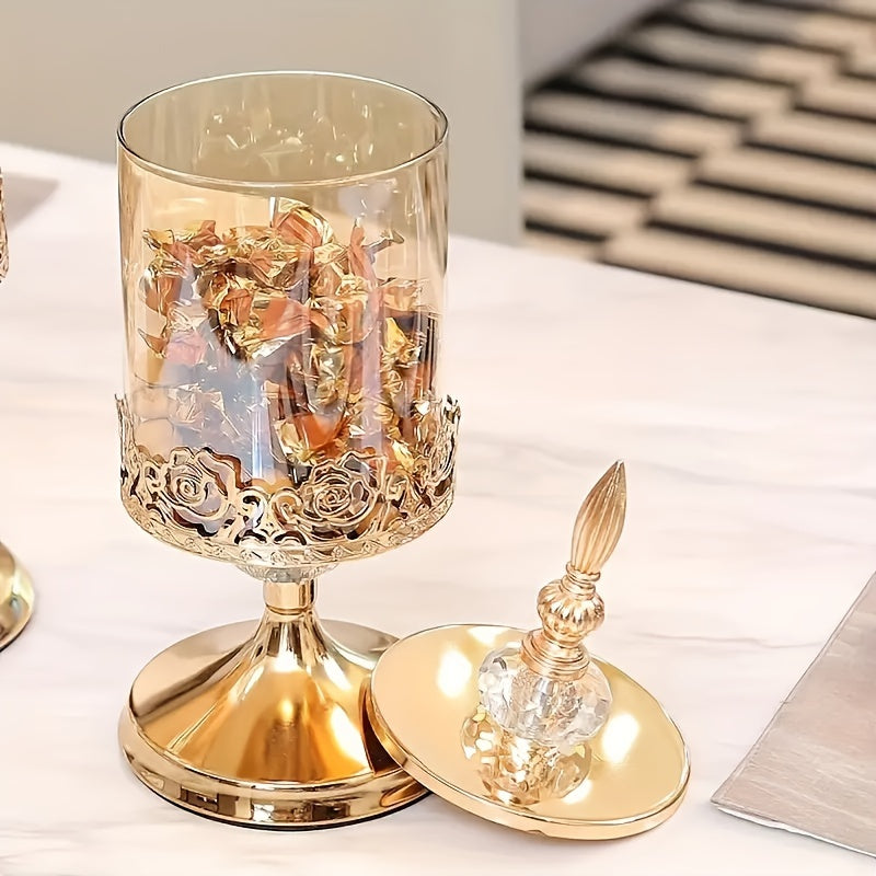 Easy-Access 2pcs Airtight Storage Jar Set – clear reusable pantry storage, 2pcs Vintage Elegant Glass Candy Dish with Lid Golden Crystal Jar for Candy Buffet, designed for American homes, daily convenience and practical gifting