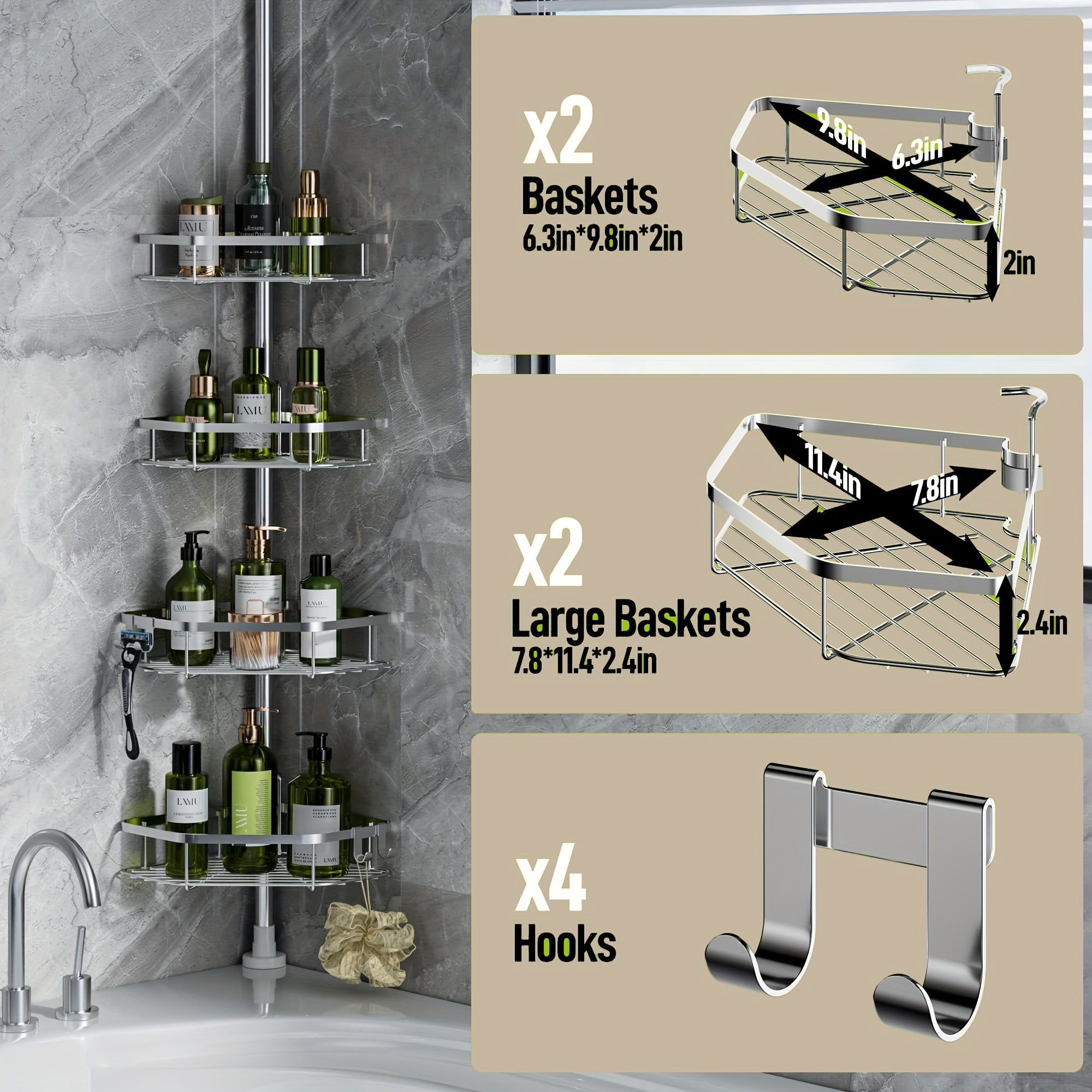 Bathroom Organizer – Corner Shower Caddy Tension Pole, Shower Caddies for Modern US Homes, clutter-free convenience, Versatile Everyday Use and Thoughtful Housewarming Gift