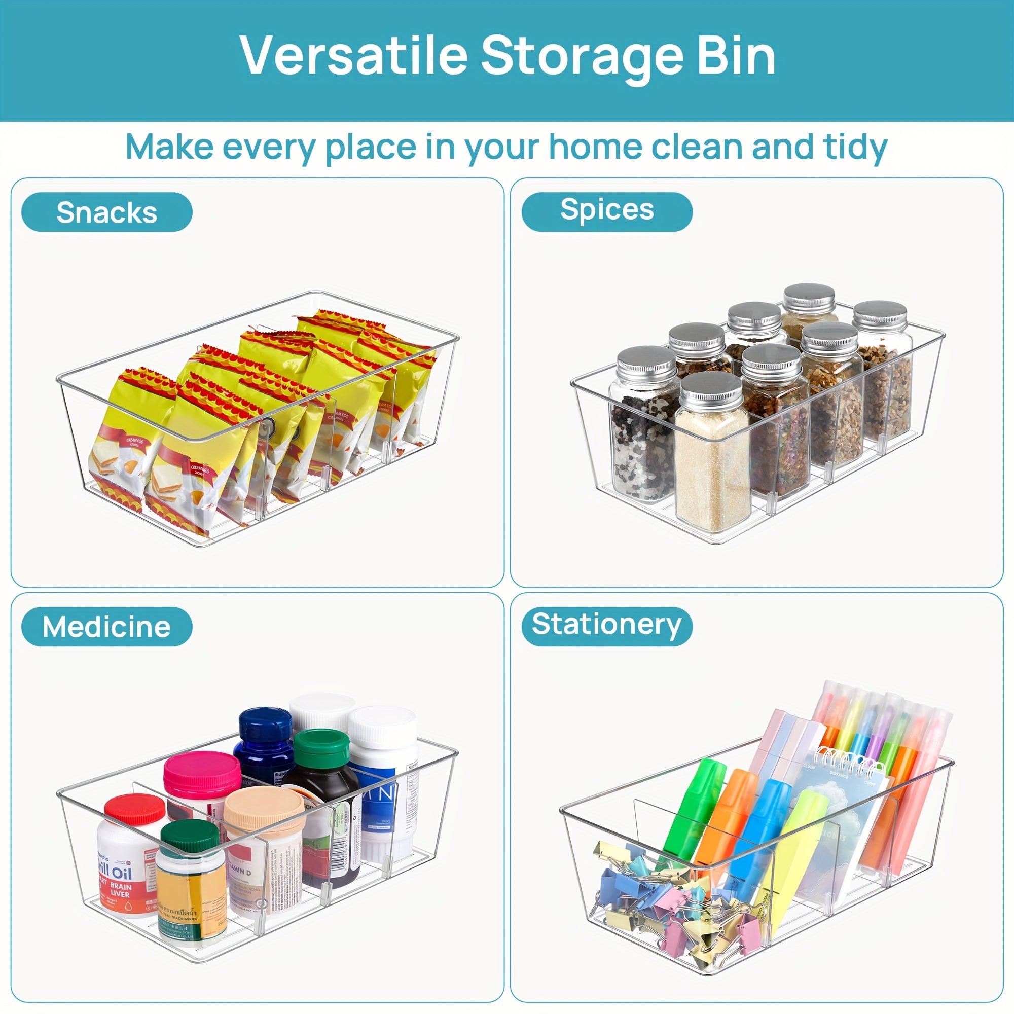Kitchen Essential – [8 Transparent Storage Bins] Set of 8 Transparent Storage Bins for Organizing Food in The Pantry, Kitchen, Refrigerator, And Cabinets, Featuring 4 Compartments for Packet