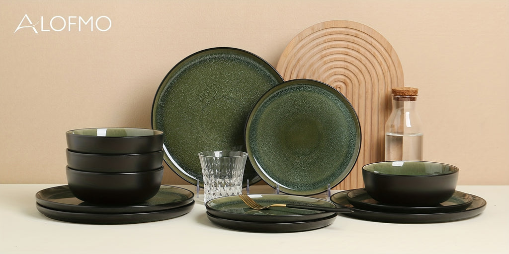 Premium 12pcs Home Storage Organizer – space-saving everyday organization, ALOFMO 12pcs Cyan-Gray Green Reactive Glaze Ceramic Dinnerware Set - Modern Stoneware Plates Bowls, designed for American homes, daily convenience and practical gifting