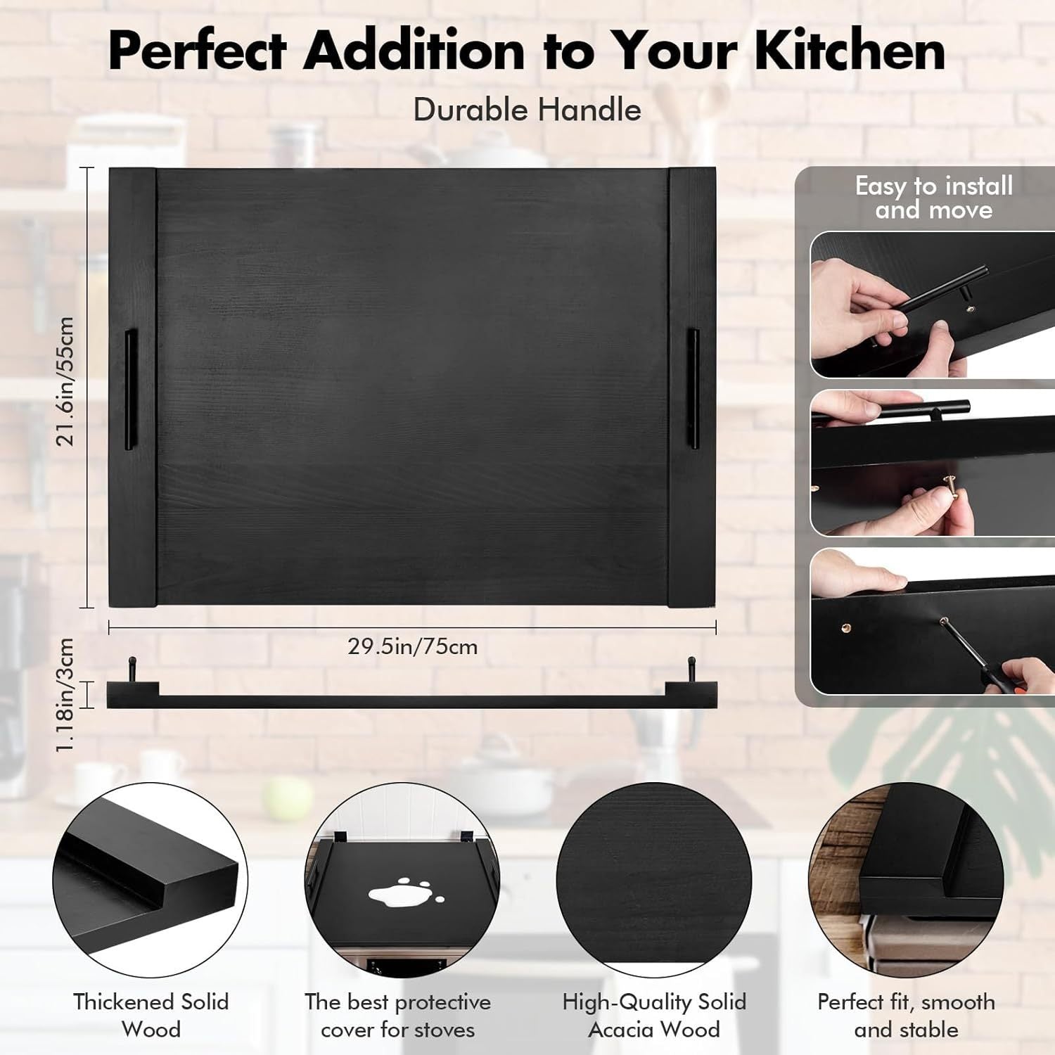 Premium Acacia Wood Stove Cover with Handles - Versatile Cutting Board & Serving Tray for Gas Stove Top, Glass Cooktop Protector, Rustic Kitchen Decor, Food-Safe & Durable Design, Countertop Protector | Decorative Stove Top | Smooth Wooden Finish
