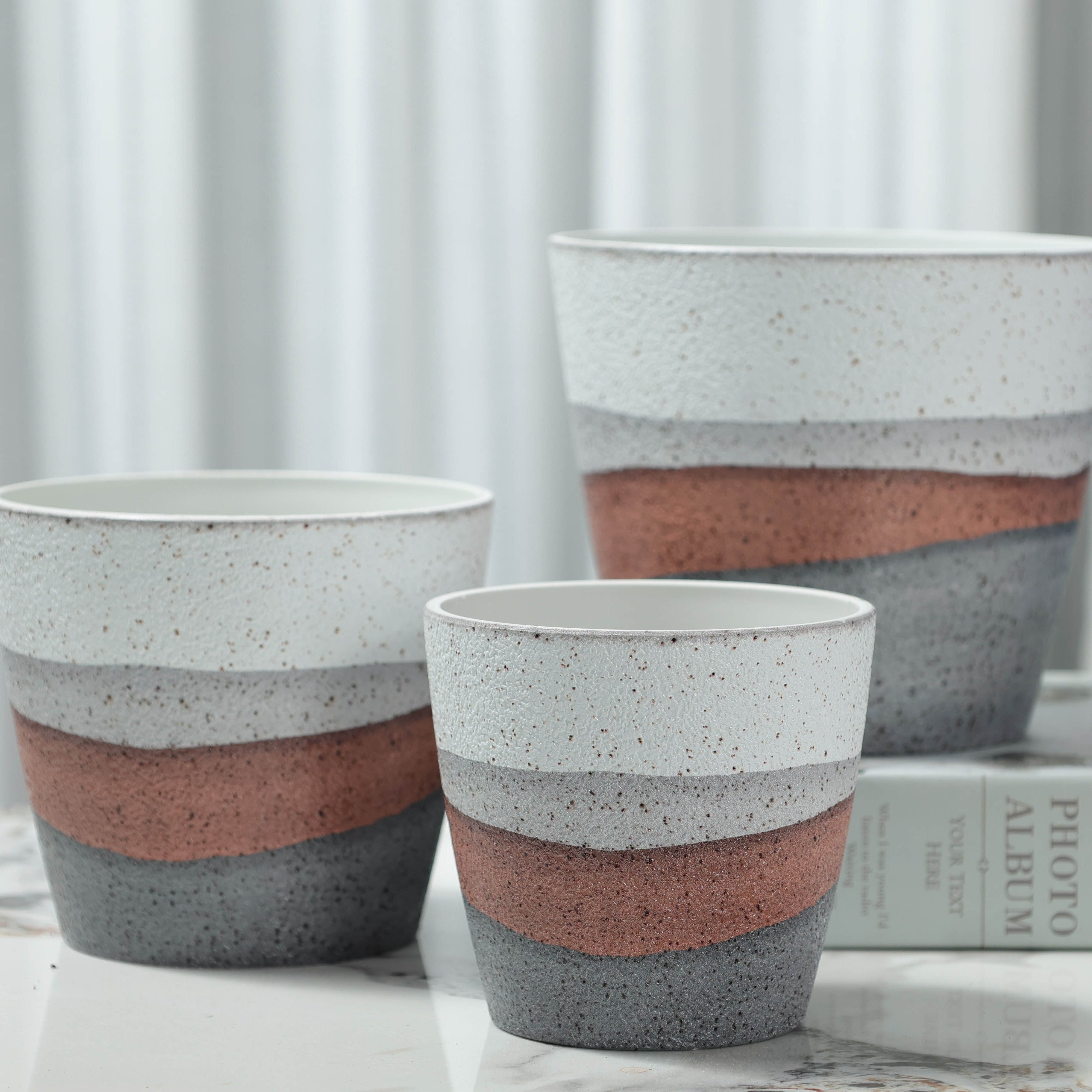 Decorative Vase – 3pcs Set PolyStone Modern Round Planters - Lightweight