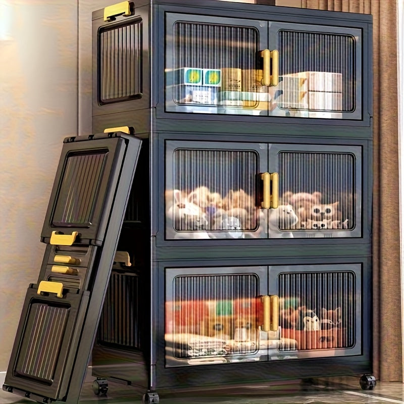 6-Tier (50.6 In) Large-Capacity Black Storage Box, 3/4/5/6-Tier Foldable Storage Boxes, Stackable Storage Cabinet with Translucent Magnetic Doors And Silent Wheels, Stable And Durable, Suitable for Bedroom, Living Room And Other Multi-Scene Storage