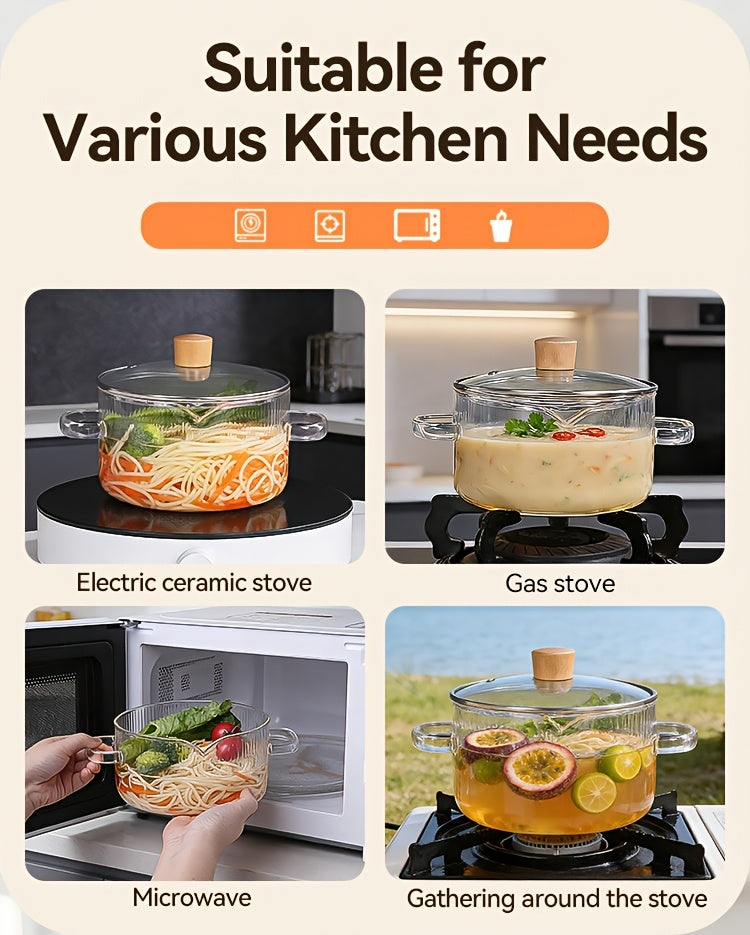 [2-Pack] Stovetop Safe Ribbed Glass Pots with Lids, 78Oz & 54Oz Saucepan for Soup Ramen Milk, Heat Resistant Borosilicate Cookware