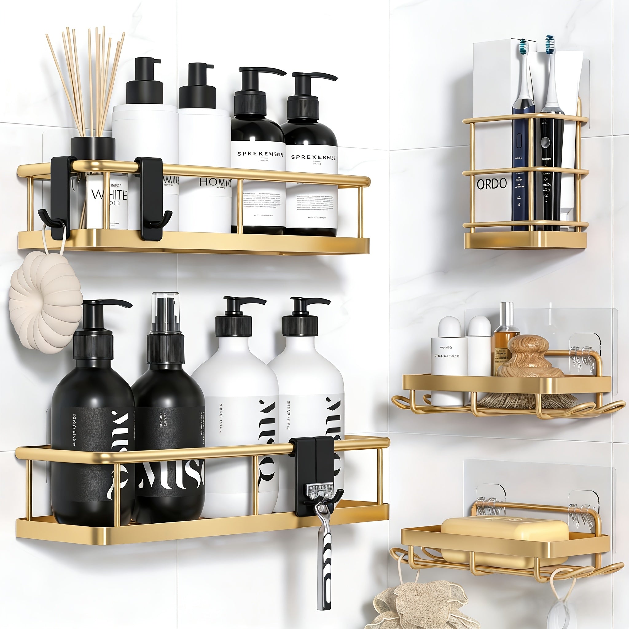 Bathroom Organizer – No Drill Adhesive Shower Caddy with Removable Hooks - Wall-Mounted Rustproof Stainless Shelves Suitable for Bathroom, Shower System, Embedded Shelf for Tiles, Painted fo