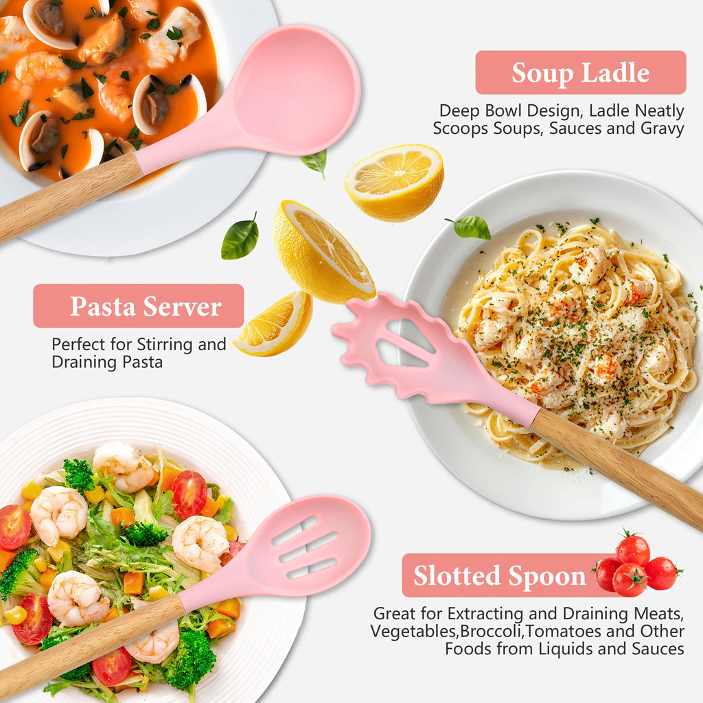 Kitchen Essential – 26pcs Silicone Cooking Utensil Set - A Safe Kitchen Tool Collection with Wooden Handles, Non-Stick Cooking Implements, Washable Modern Cookware, Kitchen Essentials, Perfe