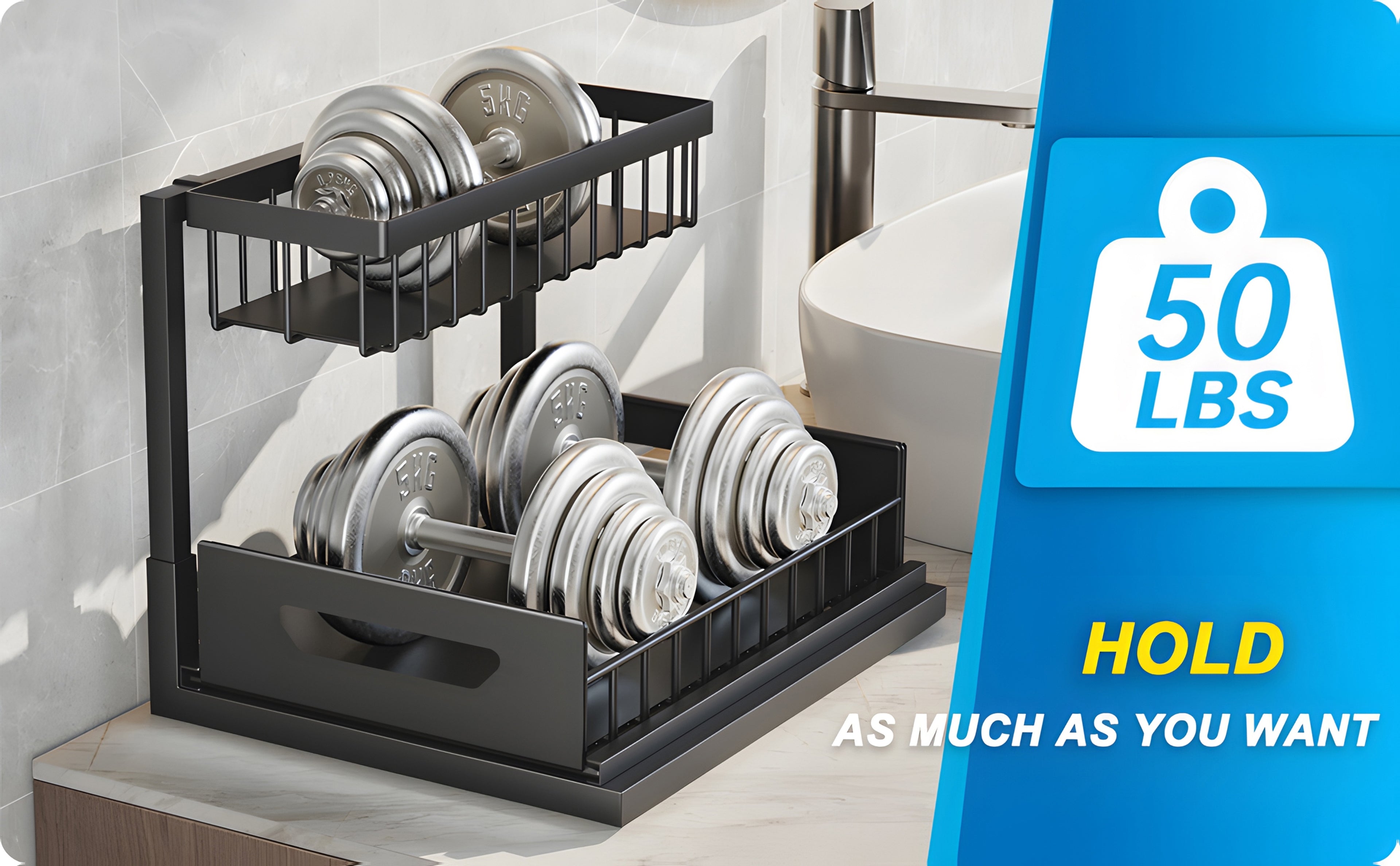 Kitchen Essential – 2Pack-2-Tier Slide-Out Under Sink Organizer | Heavy-Duty Carbon Steel Pull-Out Cabinet Shelf with Adjustable Compartments, Painted End, Ideal for Organizing Kitchen, Bath