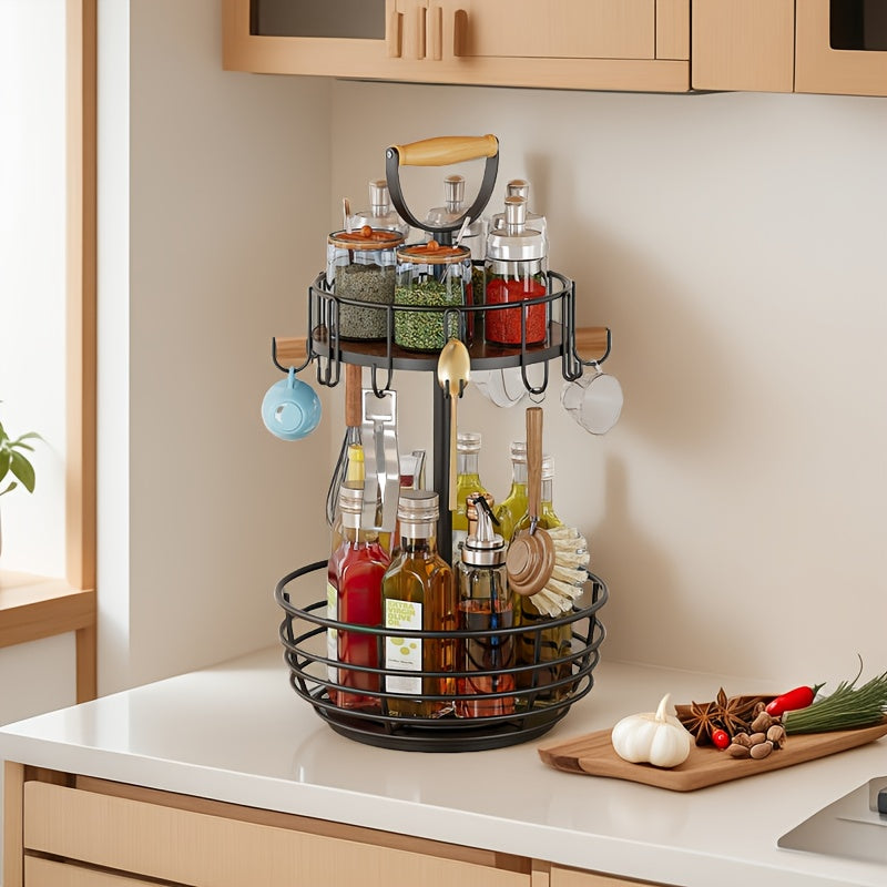 Double-layer Rotatable Coffee Metal Cup Rack, Spice Rack, Fruit Basket Rack with Hooks, Suitable for Bar Counters, Kitchen Countertops - Black.