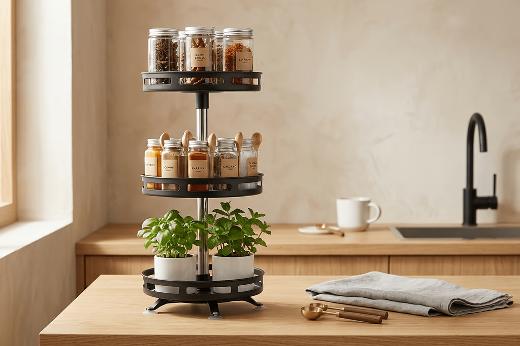 Modern Glass Spice Jar Set – clear reusable pantry storage, 3-Tier Rotating Kitchen Spice Rack Metal Turntable Rotating Spice And Seasoning Storage Rack Kitchen, designed for American homes, daily convenience and practical gifting
