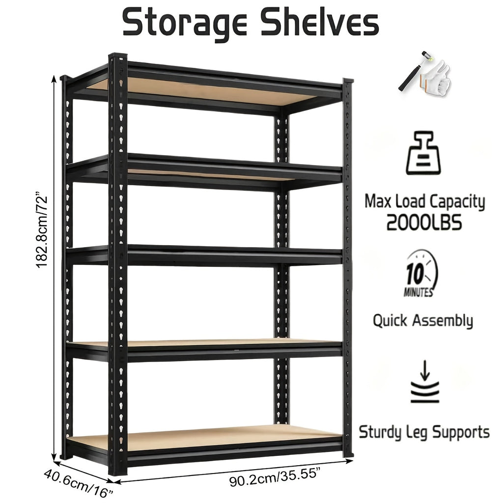 2000 Capacity Heavy-Duty 5-Tier Industrial Shelving Unit - Adjustable Height (72"/60") Black Metal Storage Rack with Open & Enclosed Shelves, Freestanding Garage, Pantry, Closet Organizer, Easy Assembly Utility Shelf with & Hammer, Utility Shelves