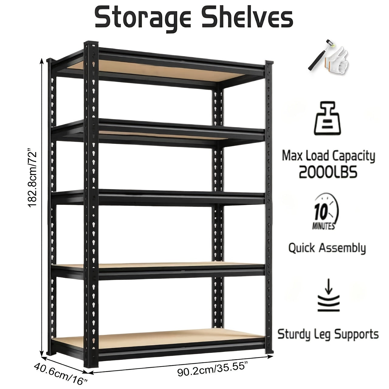 2000 Capacity Heavy-Duty 5-Tier Industrial Shelving Unit - Adjustable Height (72"/60") Black Metal Storage Rack with Open & Enclosed Shelves, Freestanding Garage, Pantry, Closet Organizer, Easy Assembly Utility Shelf with & Hammer, Utility Shelves