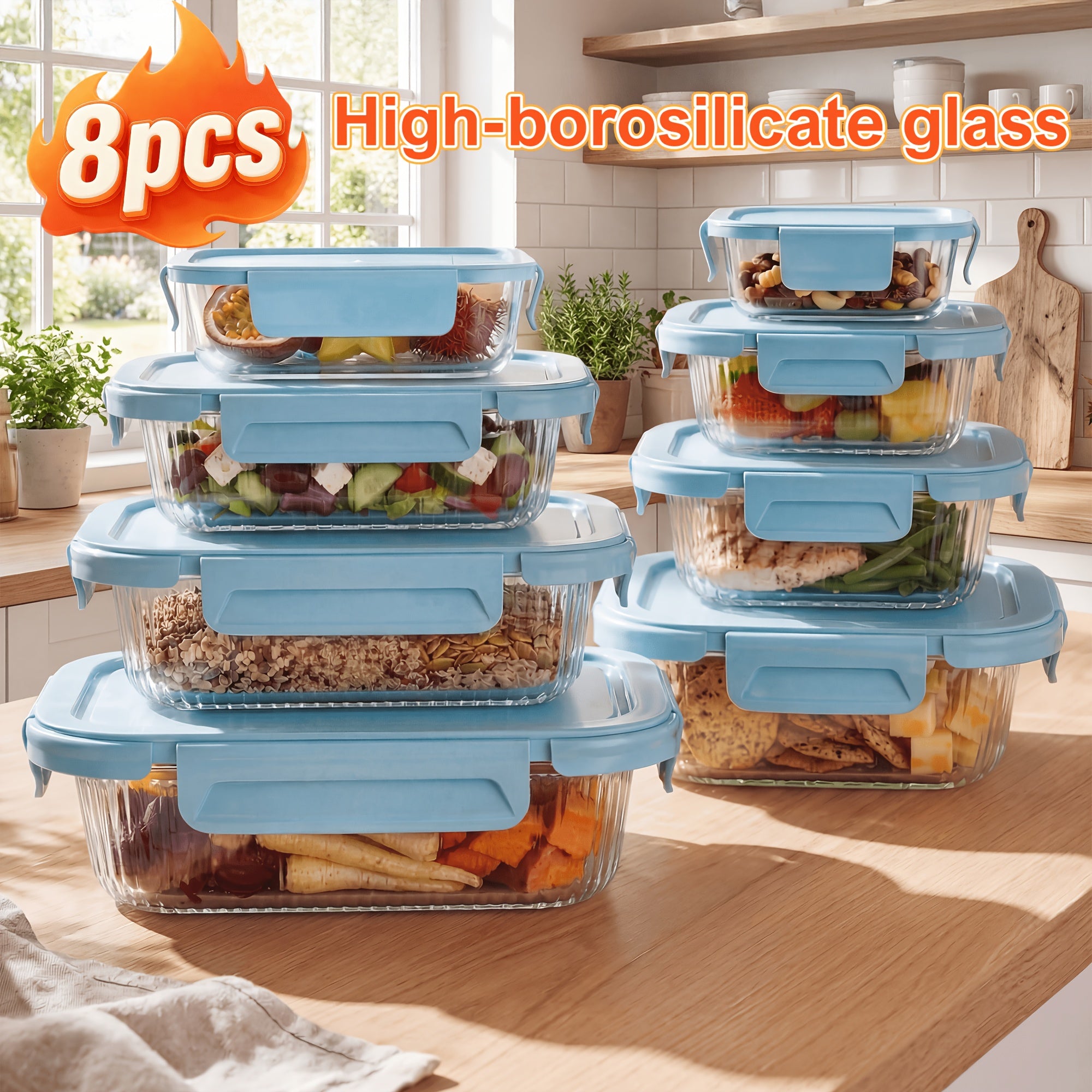 Food Storage Containers – leak-resistant reusable meal prep, 8pcs Borosilicate Glass Food Storage Containers