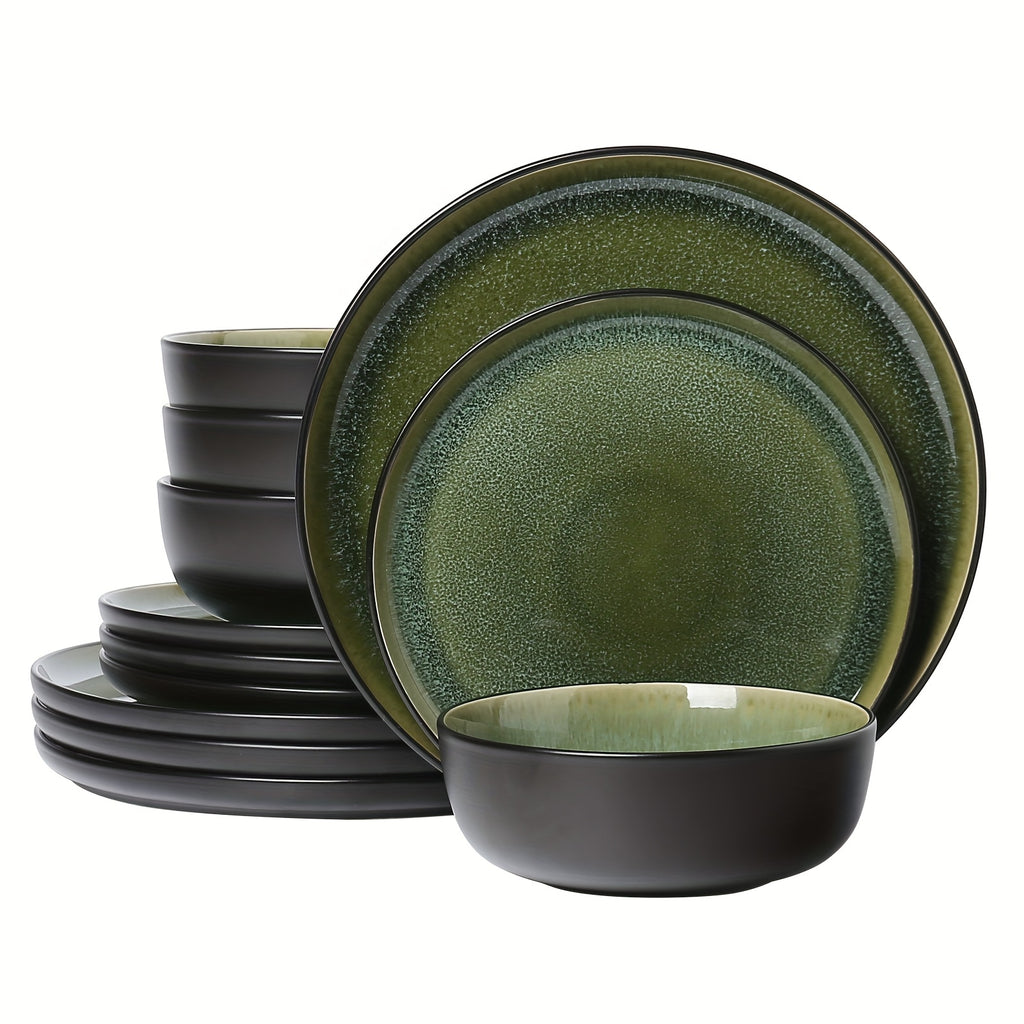 Premium 12pcs Home Storage Organizer – space-saving everyday organization, ALOFMO 12pcs Cyan-Gray Green Reactive Glaze Ceramic Dinnerware Set - Modern Stoneware Plates Bowls, designed for American homes, daily convenience and practical gifting