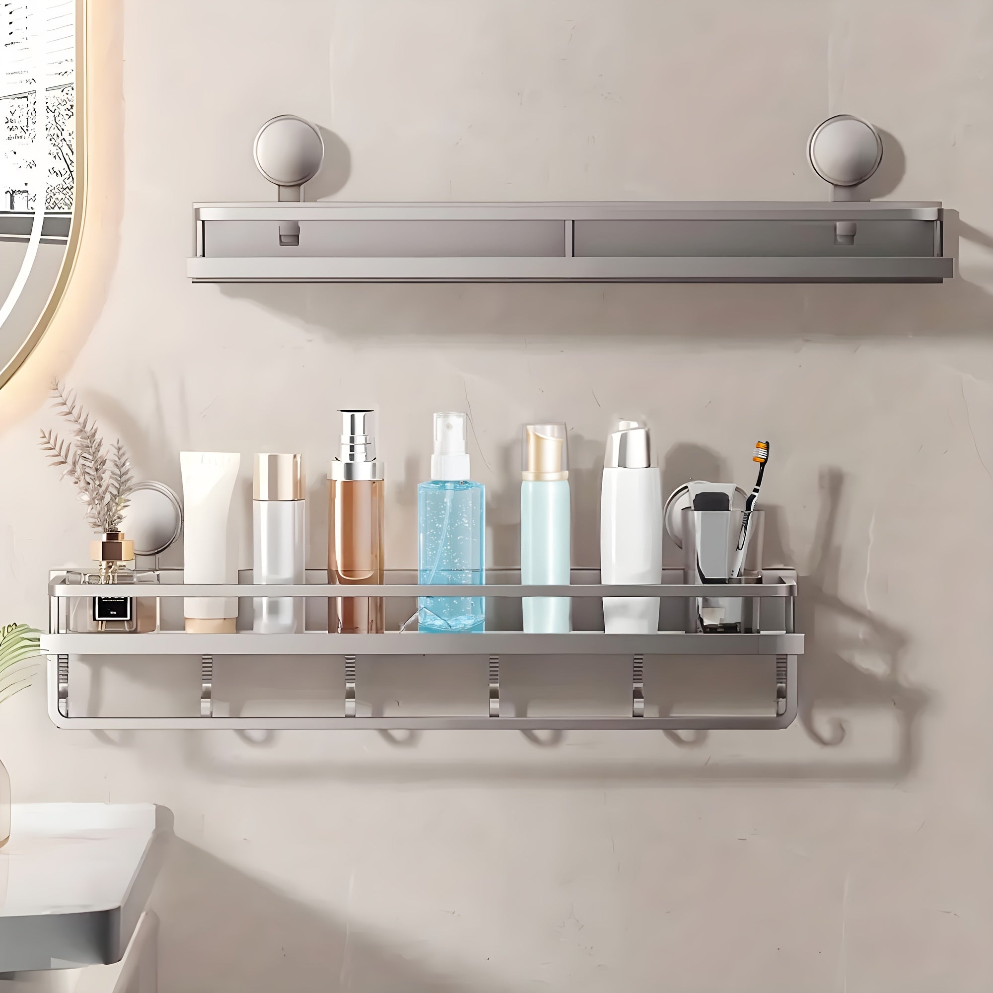 Bathroom Organizer – 1pc Easy-Install Suction Cup Shower Caddy, Wall-Mounted Organizer for Shampoo & Soap with Towel Holder, Heavy-Duty Floating Shower Shelve for Shower Accessories - Strong