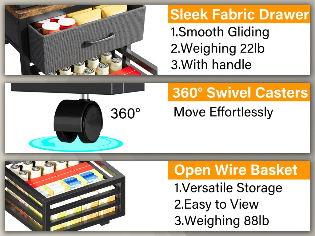 Heavy Duty Appliance Storage Shelf with Sliding Shelf & Drawer - Suitable for Fridge, Washer, Dishwasher | 19.69inch Height Shelf with 88lb Basket & Smooth Glide Drawers | 360° Swivel Wheels, Wood for Laundry Room & Kitchen, Utility Racks