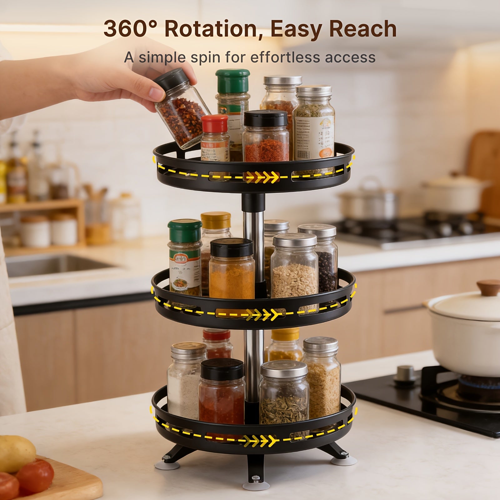 3-story Rotatable Kitchen Seasoning Rack, 360-degree Rotating Metal Turntable, Adjustable Shelves, Rotatable Spice And Seasoning Storage Rack, Kitchen Spice Jar Organizer, Kitchen Accessories
